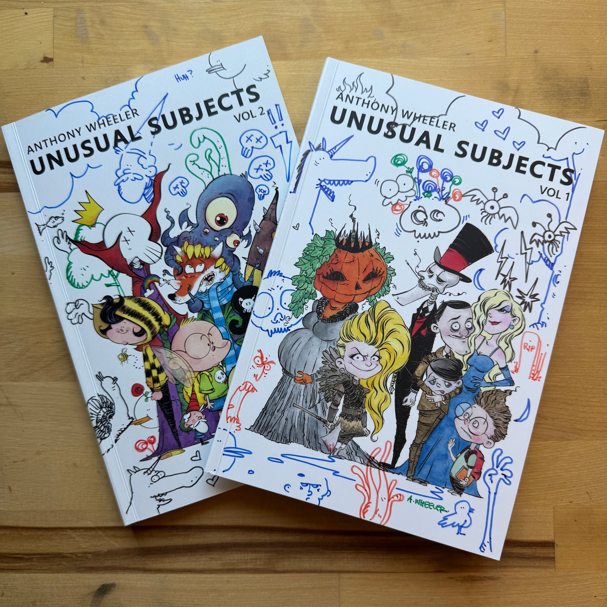 Signed doodle edition of Unusual Subjects Vol. 2 featuring an original cowboy portrait sketch with a fully colored garden gnome illustration.