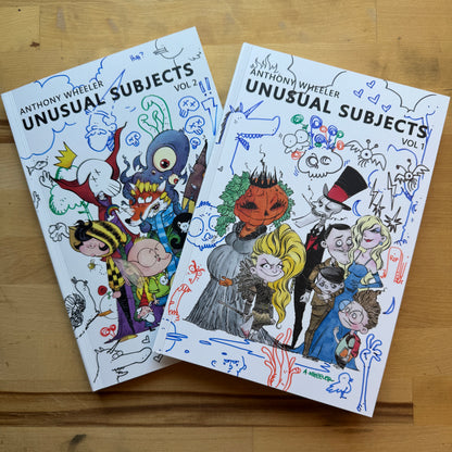Signed doodle edition of Unusual Subjects Vol. 2 featuring an original cowboy portrait sketch with a fully colored garden gnome illustration.