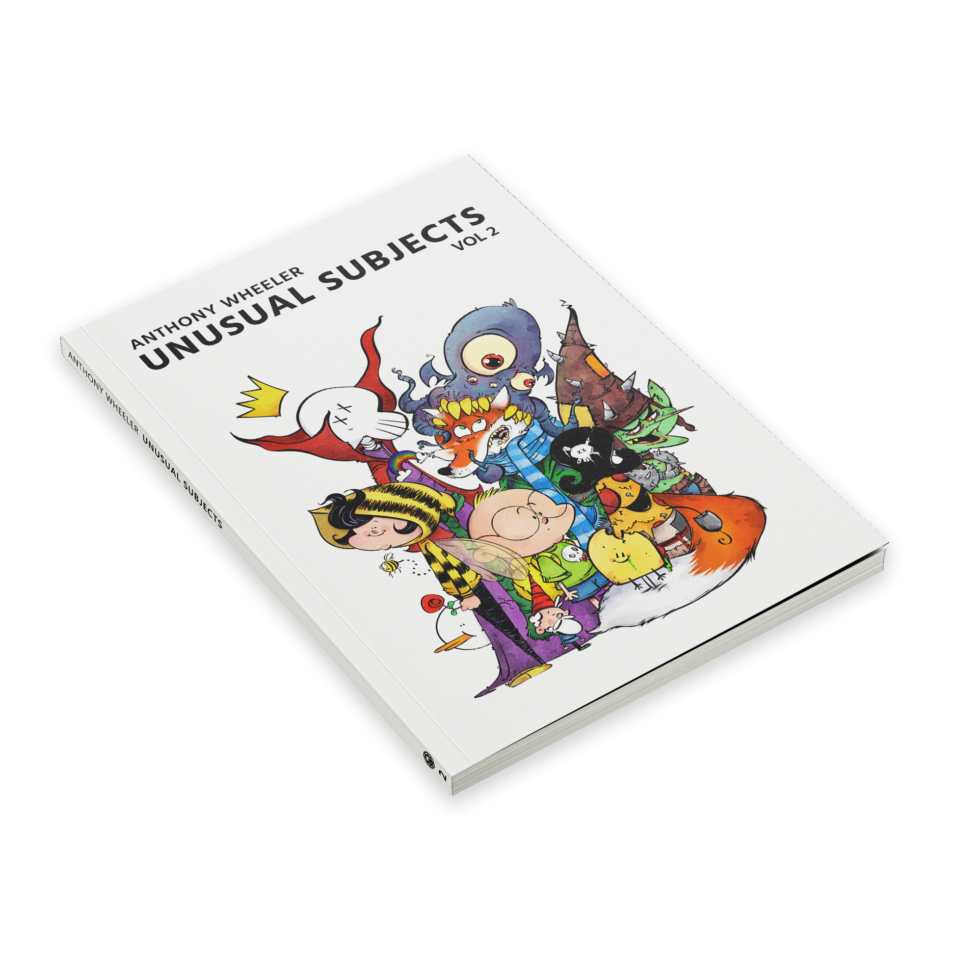 Angled view of “Unusual Subjects Vol. 2” art book with a group of colorful characters on the cover.