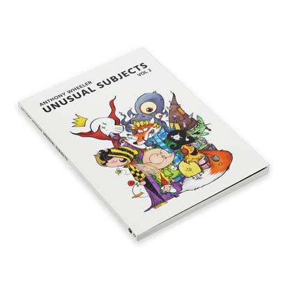 Angled view of “Unusual Subjects Vol. 2” art book with a group of colorful characters on the cover.