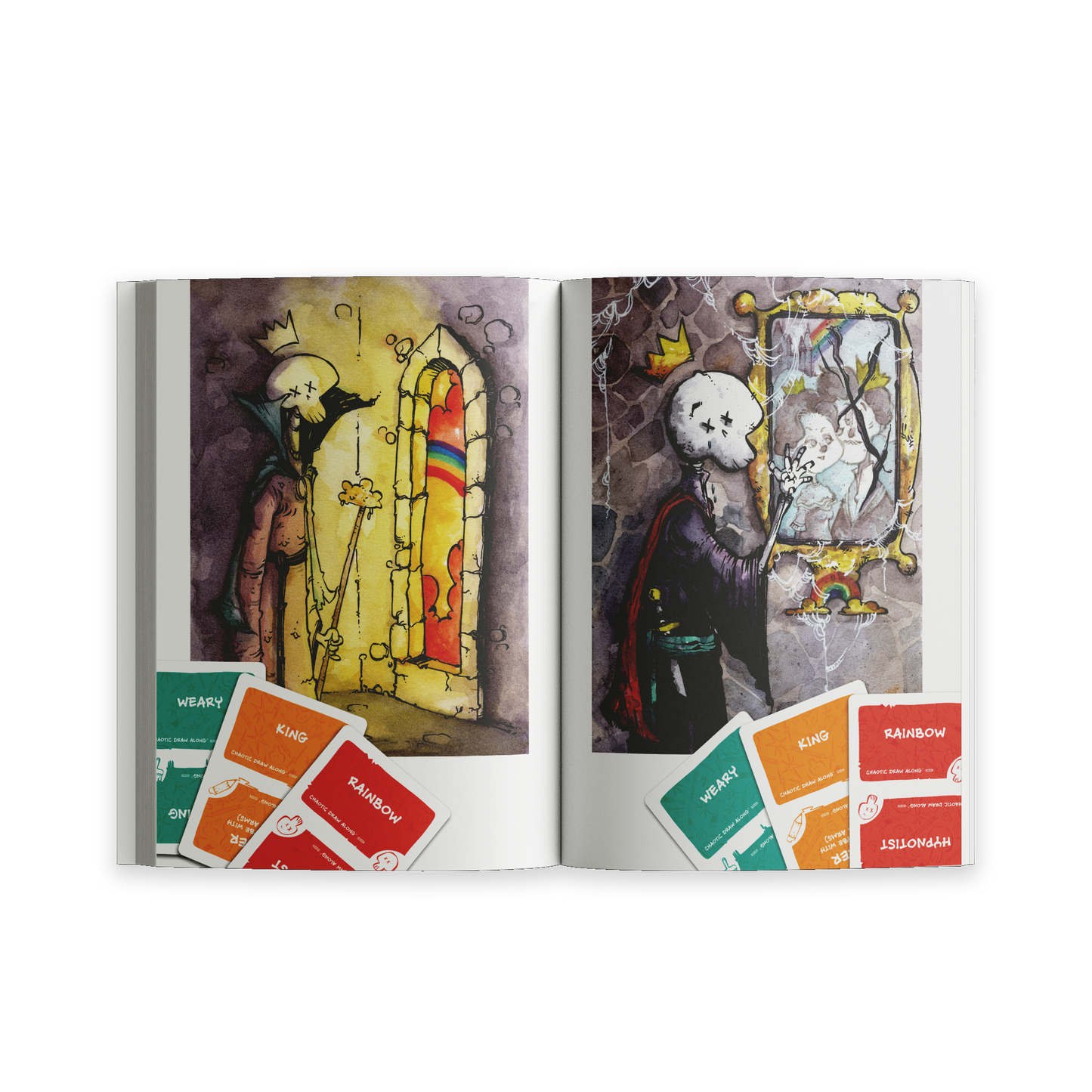 Spread from “Unusual Subjects Vol. 2” featuring a skeleton king character and prompt cards like “Rainbow” and “King.”