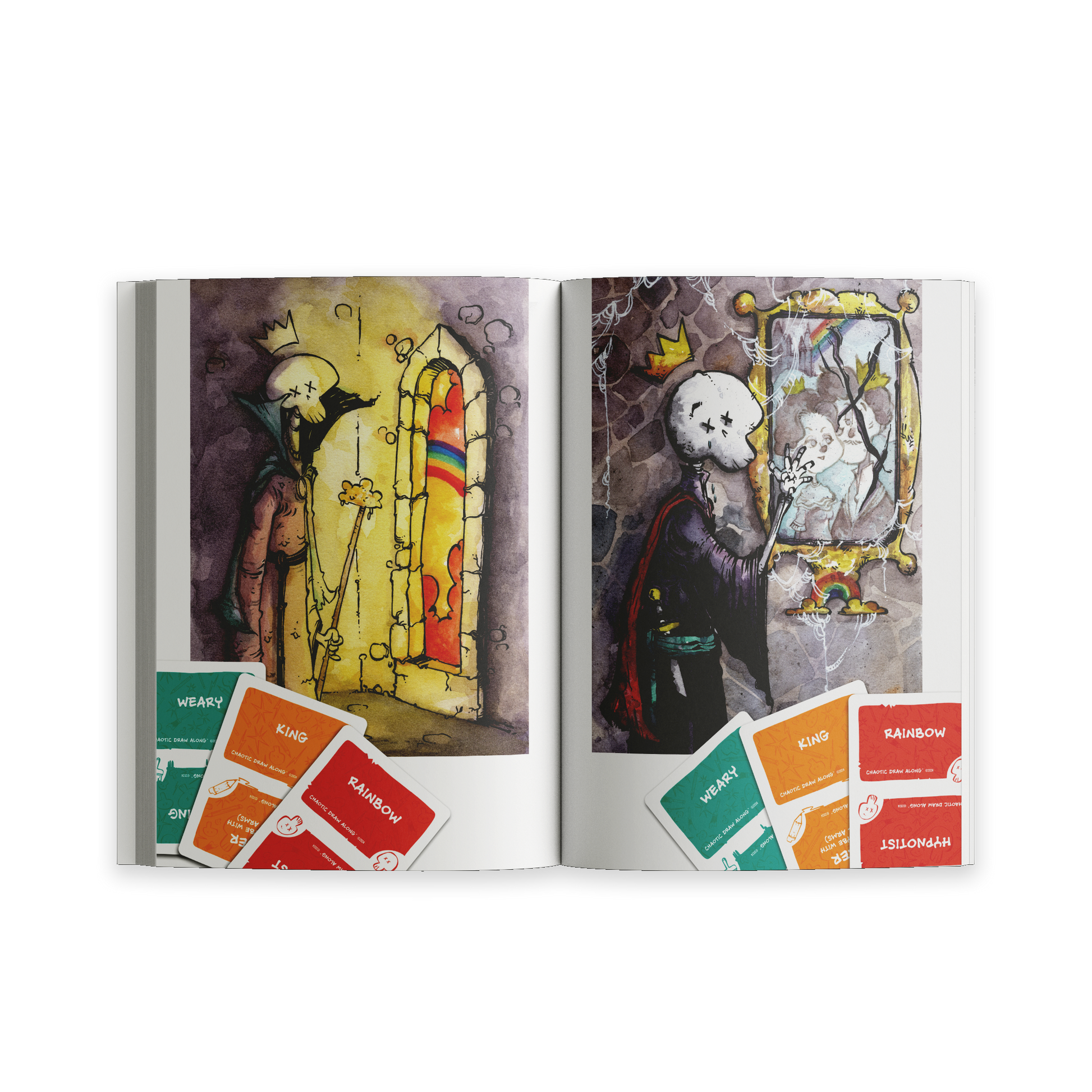 Spread from “Unusual Subjects Vol. 2” featuring a skeleton king character and prompt cards like “Rainbow” and “King.”