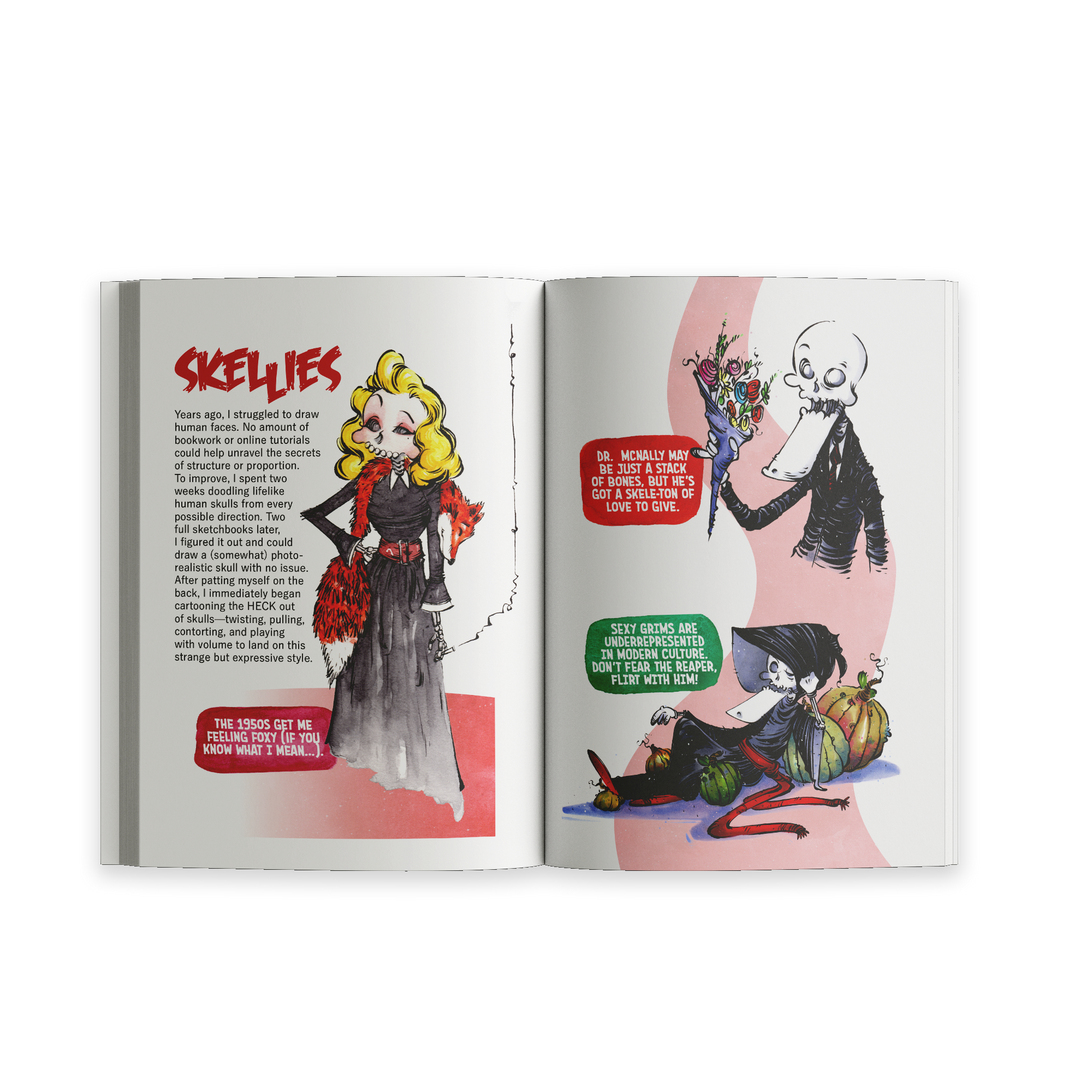 Open spread from “Unusual Subjects Vol. 2” featuring illustrated monsters and a muscular character labeled “The Biggest Monster.”