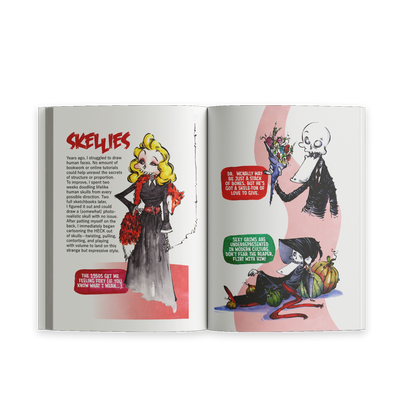 Open spread from “Unusual Subjects Vol. 2” featuring illustrated monsters and a muscular character labeled “The Biggest Monster.”