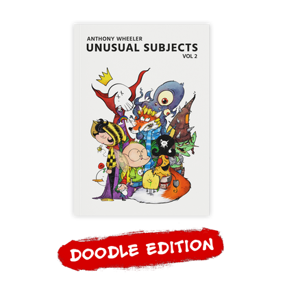 Unusual Subjects Vol. 2 Doodle Edition artbook cover featuring a colorful group of illustrated characters with a red “Doodle Edition” label.
