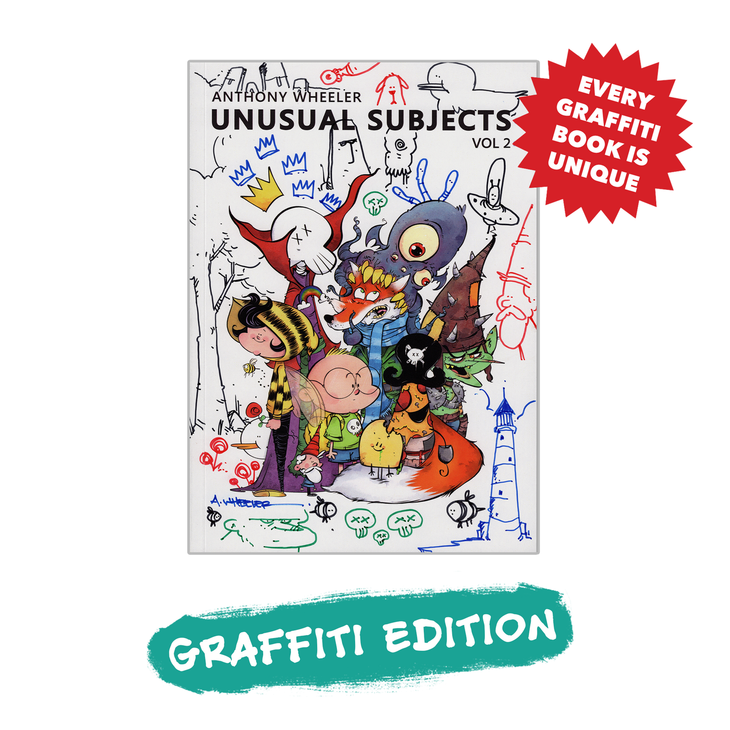 Unusual Subjects Vol. 2 Graffiti Edition artbook cover with colorful character artwork, hand-drawn doodles, and a badge reading “Every Graffiti Book Is Unique.”