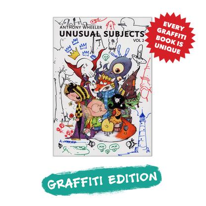 Unusual Subjects Vol. 2 Graffiti Edition artbook cover with colorful character artwork, hand-drawn doodles, and a badge reading “Every Graffiti Book Is Unique.”
