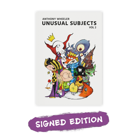 Unusual Subjects Vol. 2 Signed Edition artbook cover featuring a colorful cast of illustrated characters with a purple “Signed Edition” label.