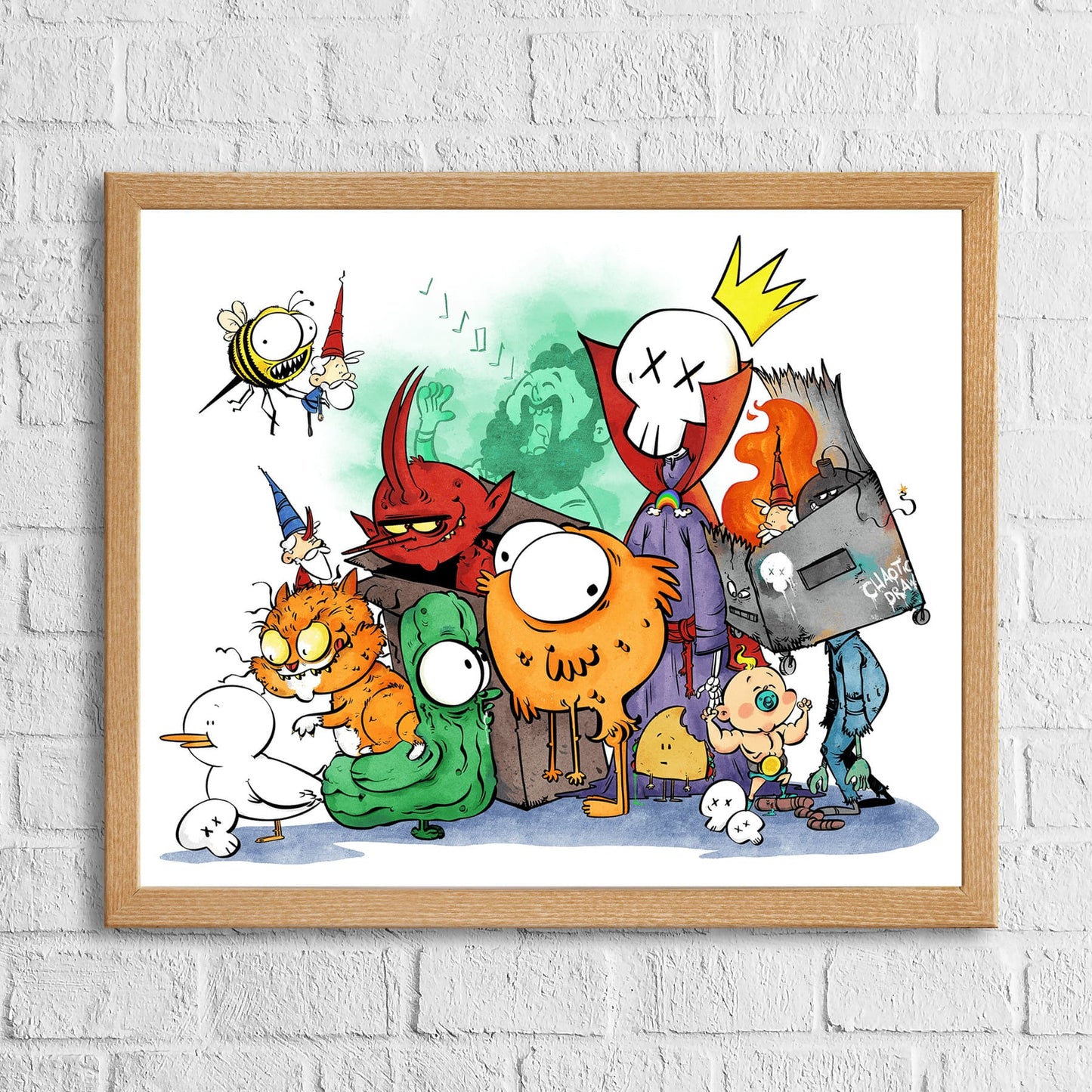 Large fine art print displayed on wall, illustrating bold illustration by Anthony Wheeler, hung above sofa in modern space.