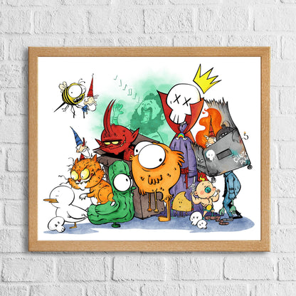 Large fine art print displayed on wall, illustrating bold illustration by Anthony Wheeler, hung above sofa in modern space.