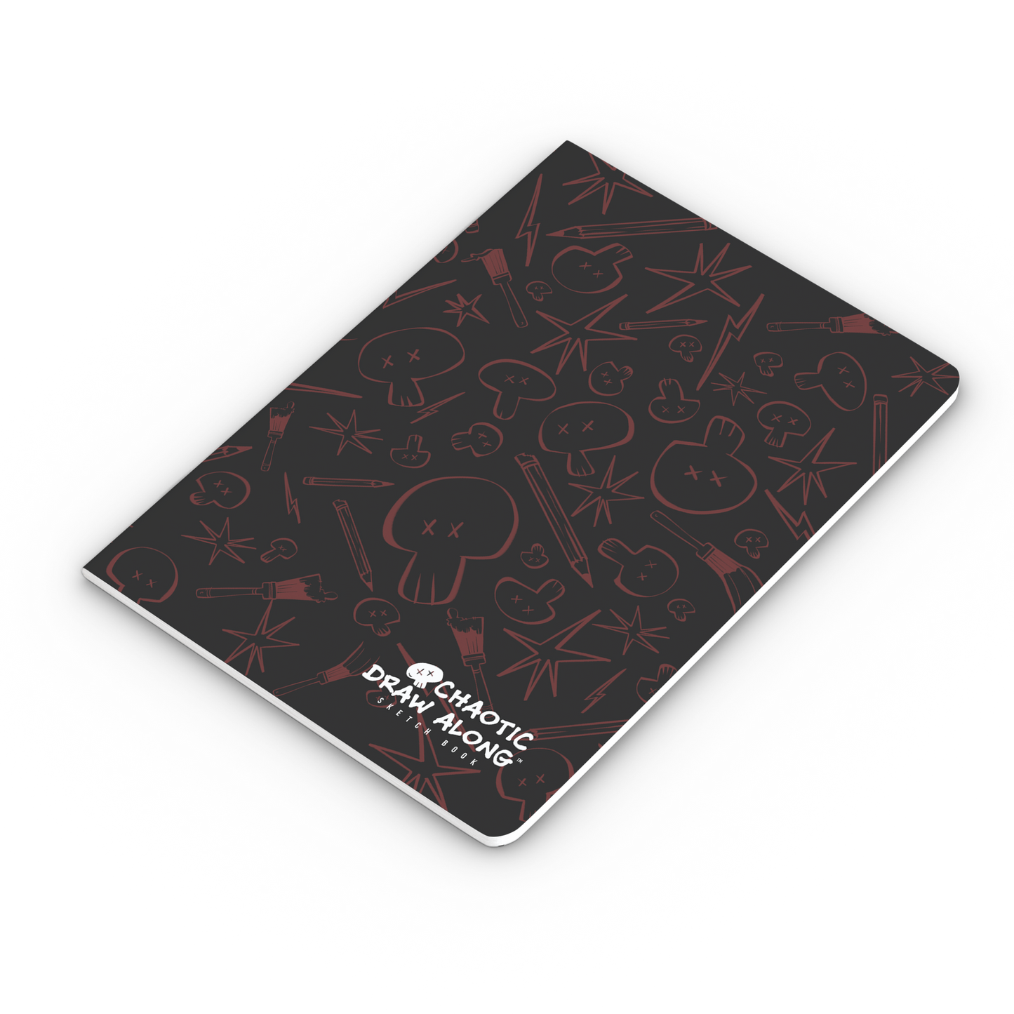 Angled front view of the black Chaotic Draw Along Sketchbook with red chaotic icons.