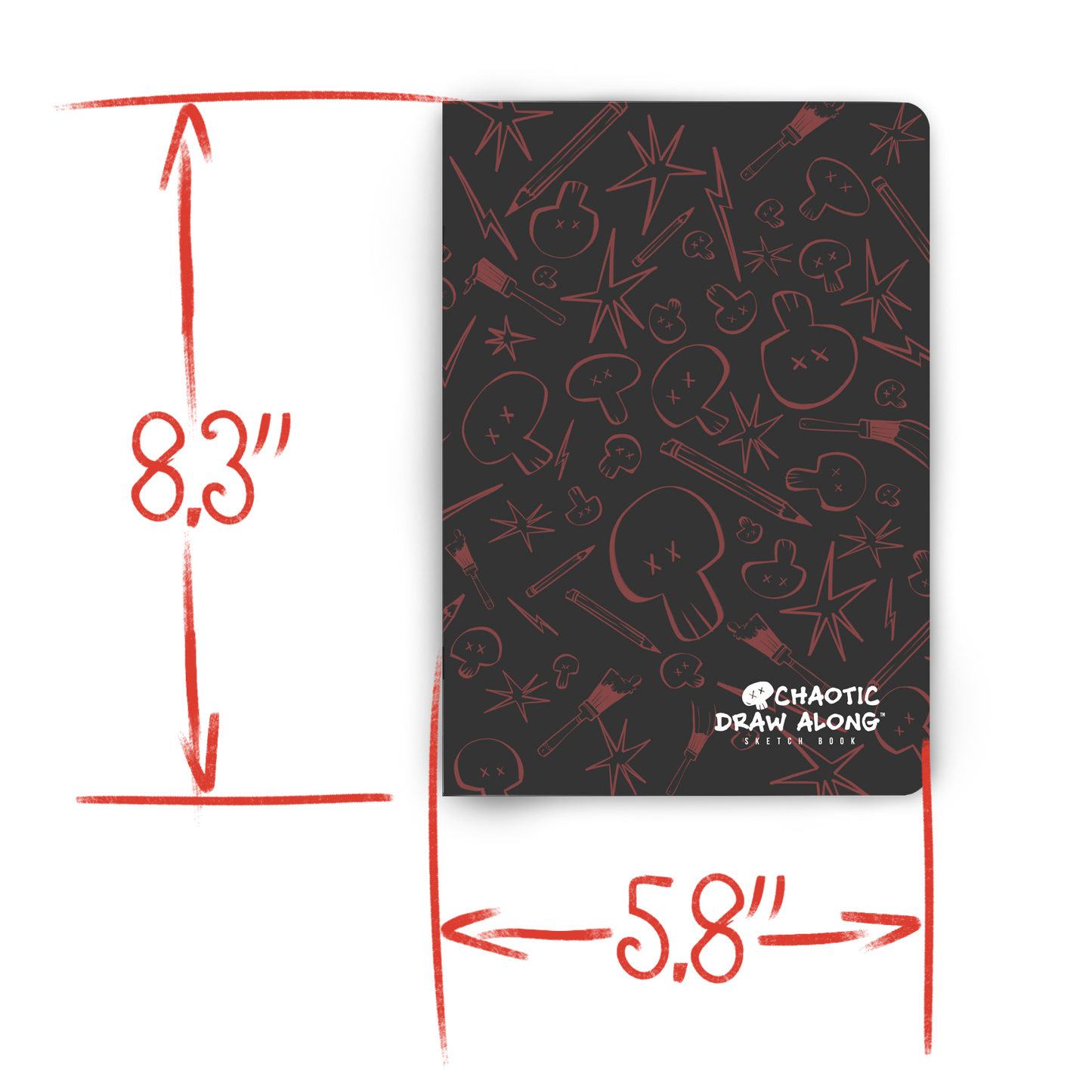 Chaotic Draw Along black sketchbook with hand-drawn measurement annotations showing 8.3 inches tall and 5.8 inches wide.