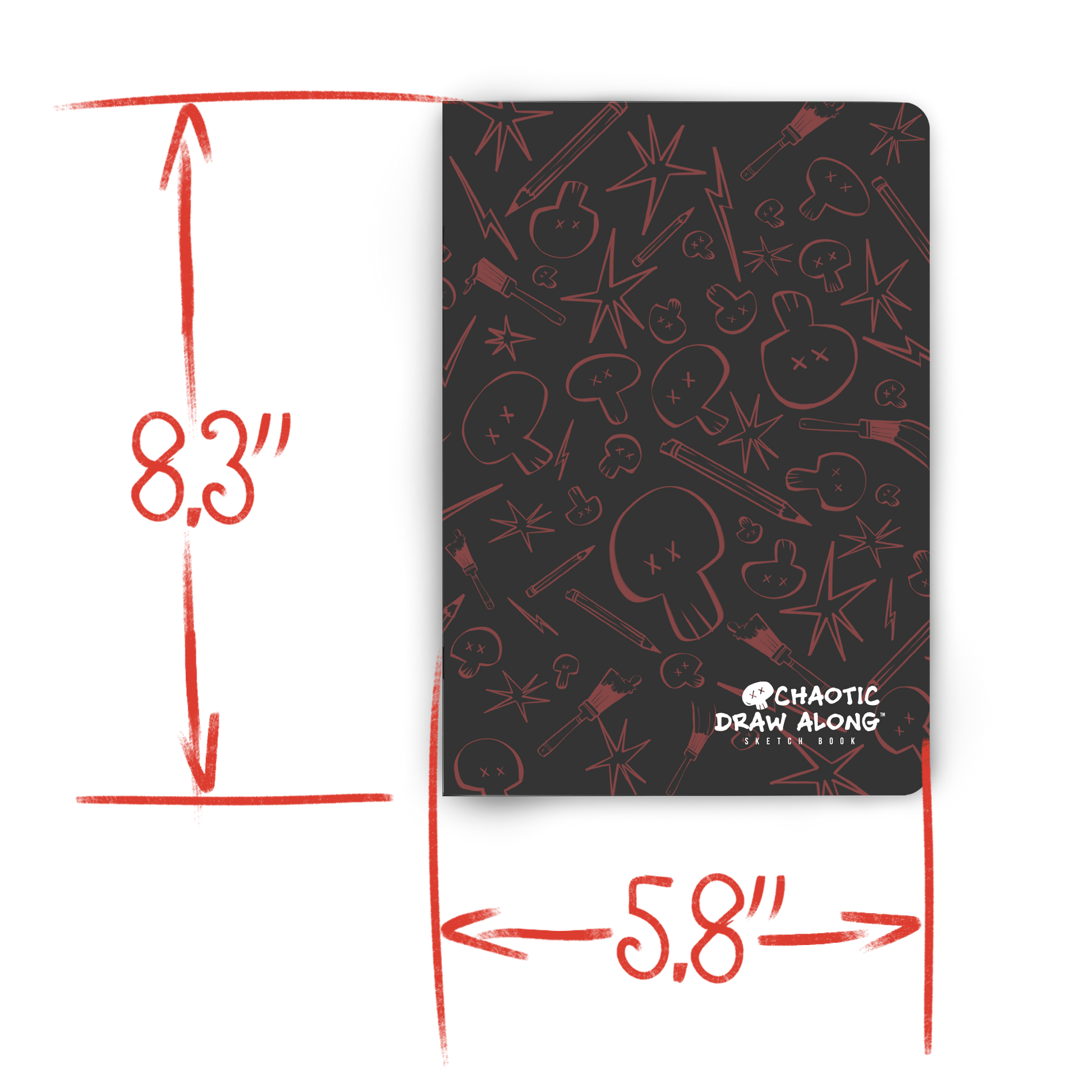 Chaotic Draw Along black sketchbook with hand-drawn measurement annotations showing 8.3 inches tall and 5.8 inches wide.