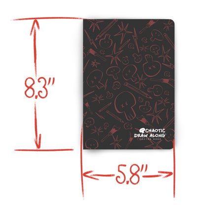 Chaotic Draw Along black sketchbook with hand-drawn measurement annotations showing 8.3 inches tall and 5.8 inches wide.