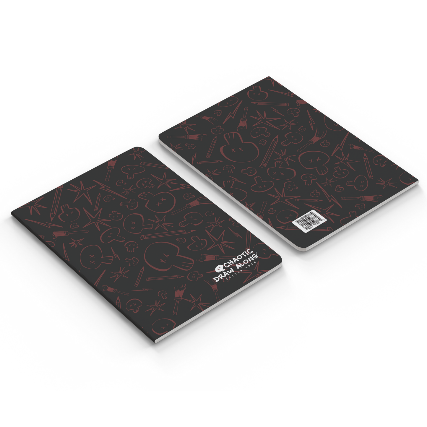 Front and back cover of the black Chaotic Draw Along Sketchbook shown side by side.