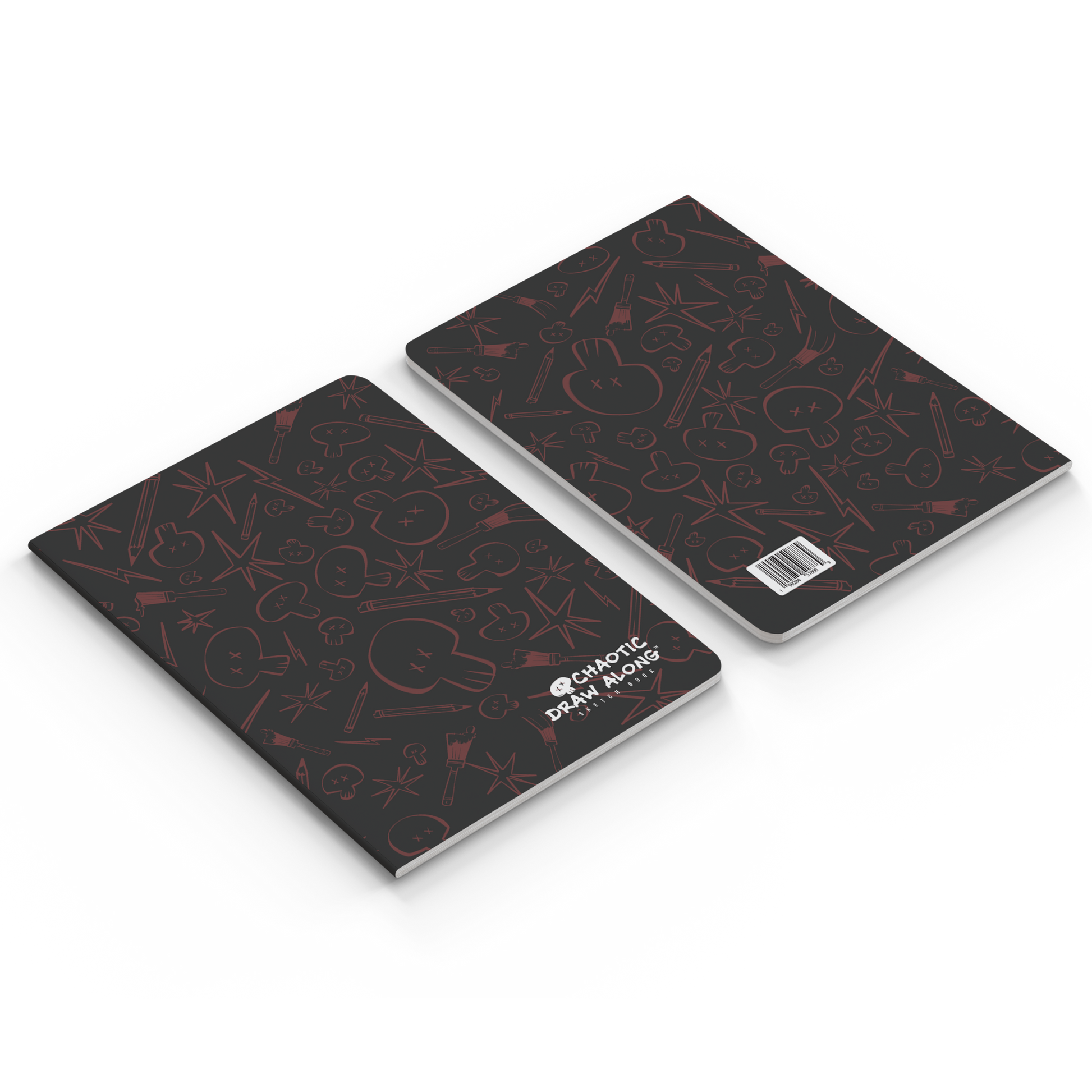 Front and back cover of the black Chaotic Draw Along Sketchbook shown side by side.