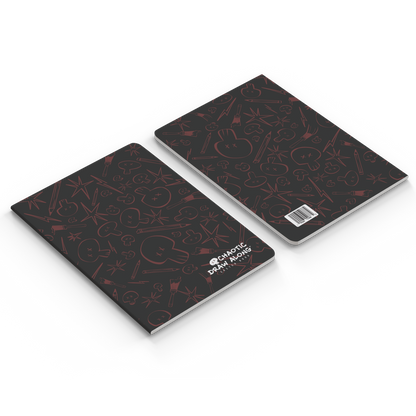 Front and back cover of the black Chaotic Draw Along Sketchbook shown side by side.