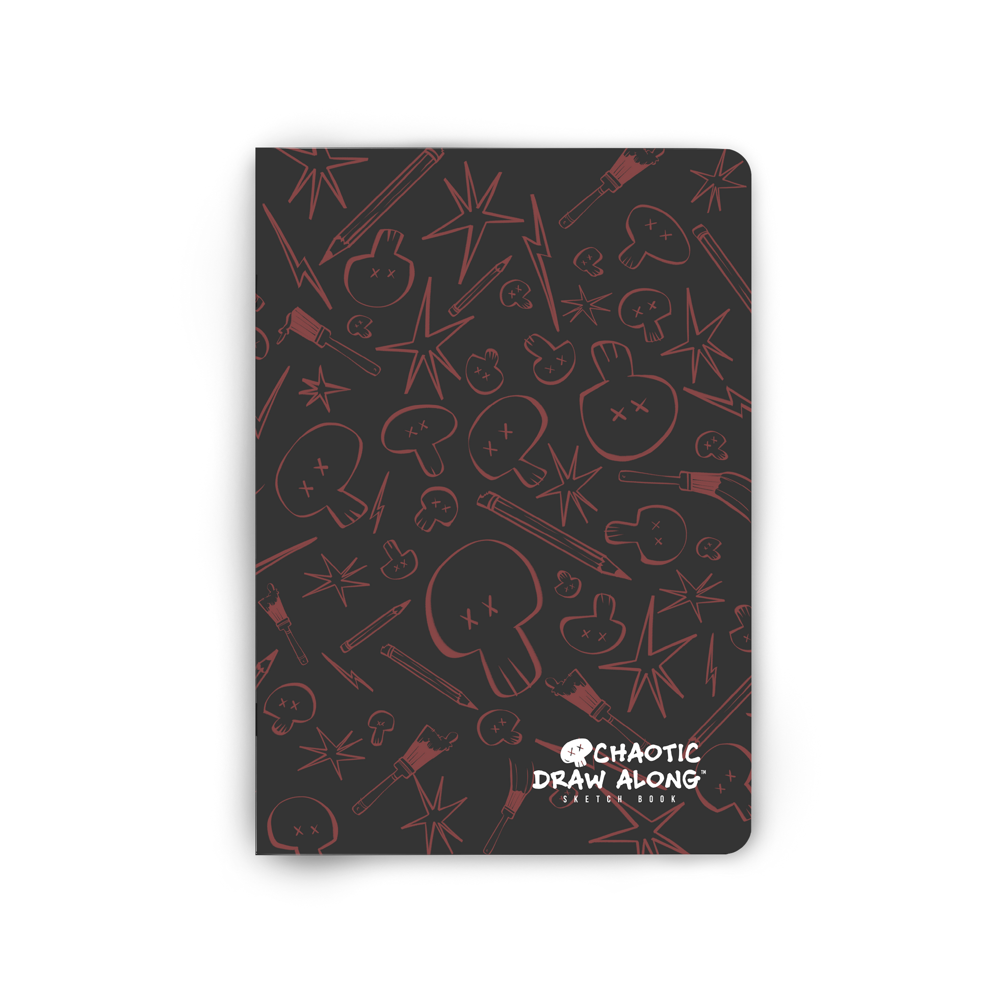 Front view of the black Chaotic Draw Along Sketchbook featuring a red skull-and-brush pattern.