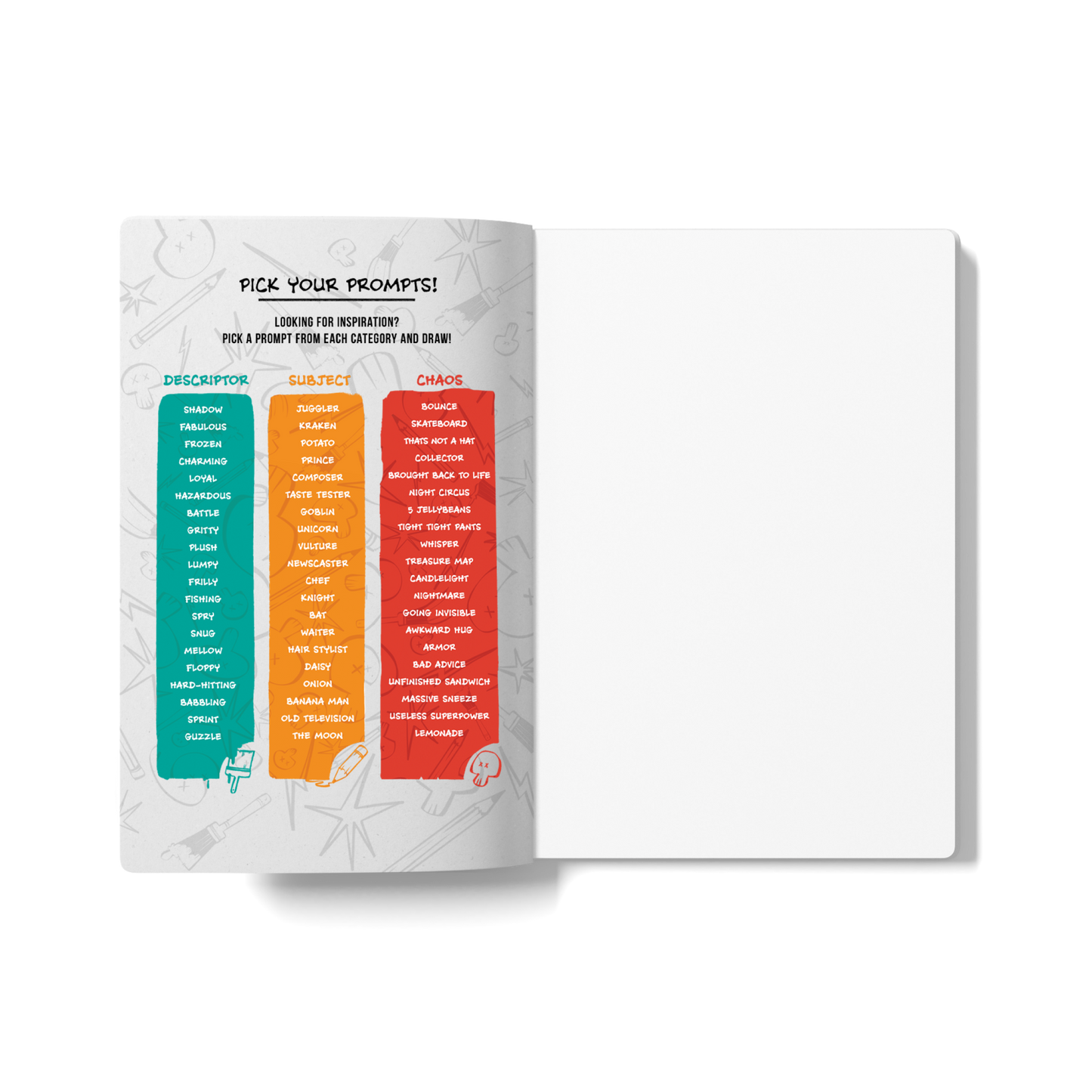 Open sketchbook with a colorful prompt list on the left page and a blank drawing page on the right.