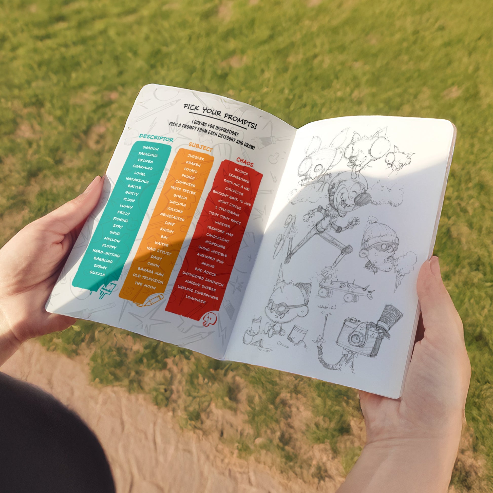 Person holding the open sketchbook outdoors, showing a full-color prompt page and playful pencil sketches.