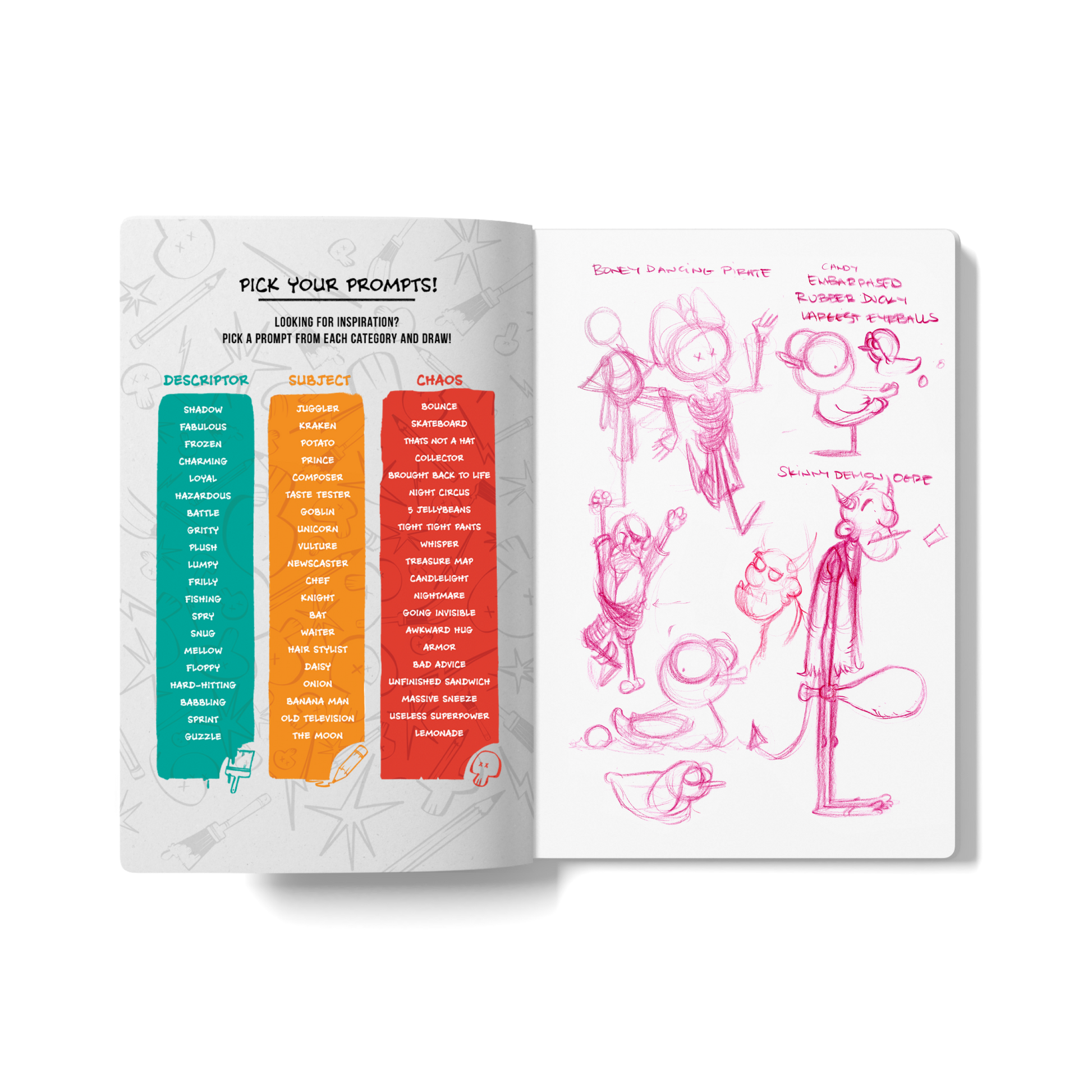 Open sketchbook with prompt list on the left and loose character concepts sketched in pink pencil on the right.