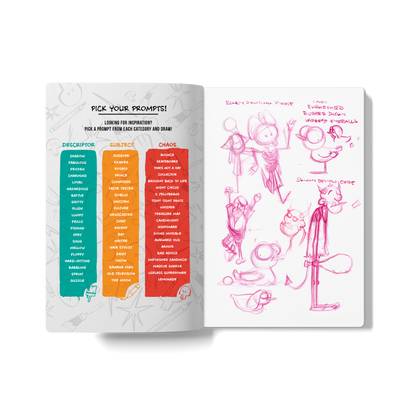 Open sketchbook with prompt list on the left and loose character concepts sketched in pink pencil on the right.