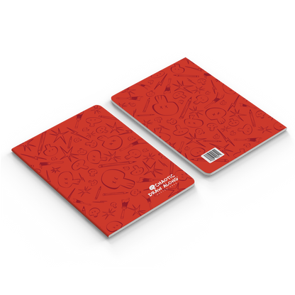 Front and back view of the red Chaotic Draw Along sketchbook, featuring a barcode and repeated icon pattern.