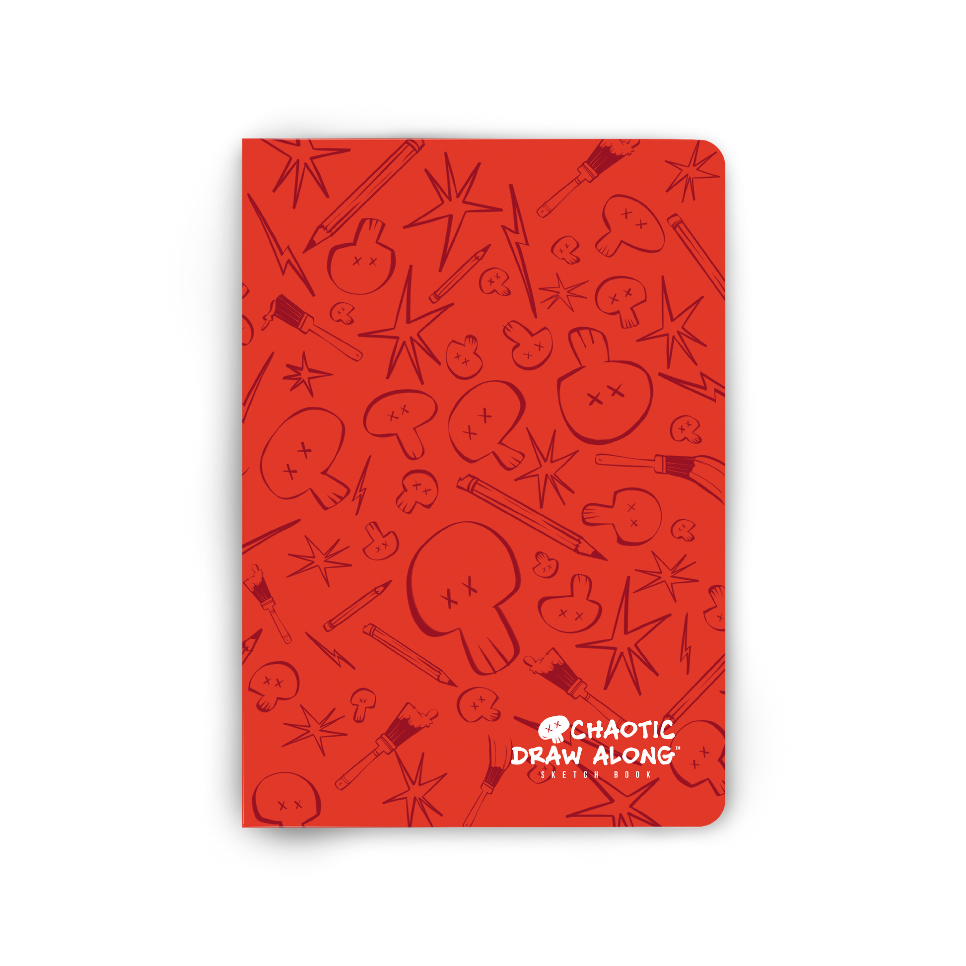 Straight-on view of the red sketchbook cover with Chaotic Draw Along logo and playful drawing-themed icons.