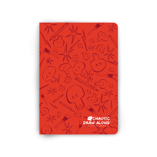 Straight-on view of the red sketchbook cover with Chaotic Draw Along logo and playful drawing-themed icons.