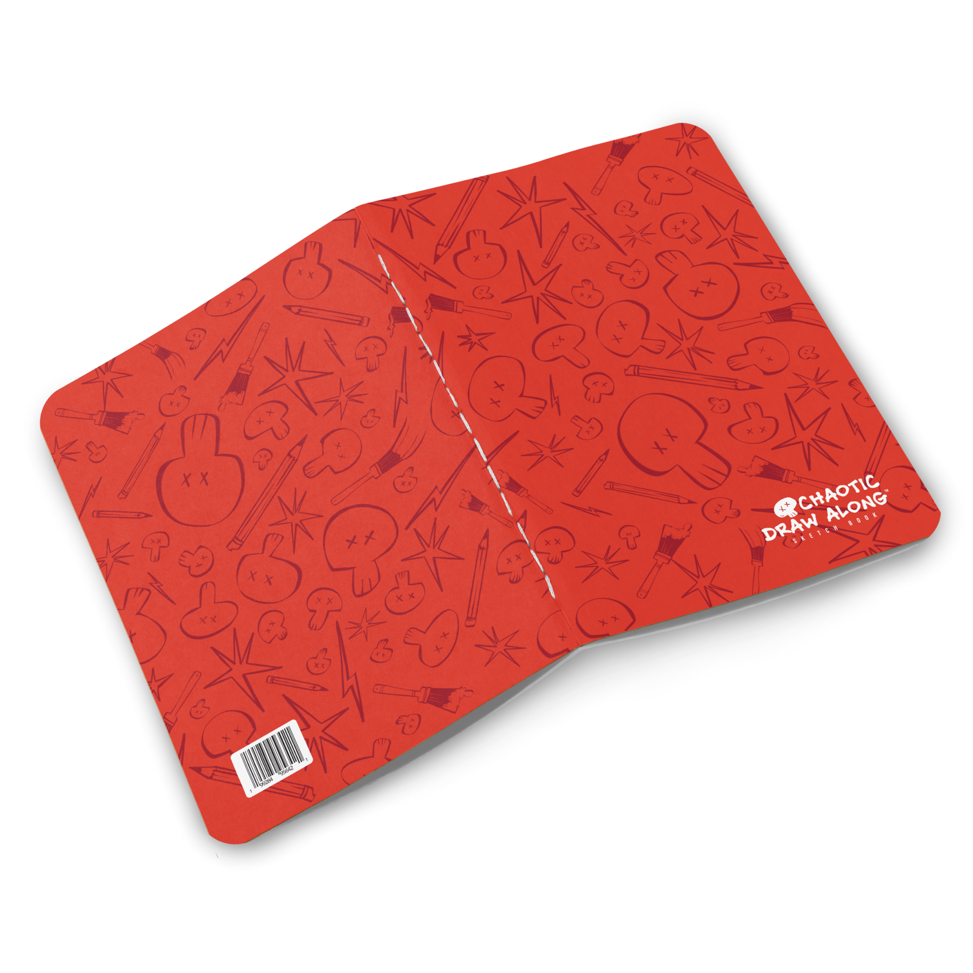 Opened red sketchbook showing the inner front and back covers with stitched spine and chaotic icon illustrations.