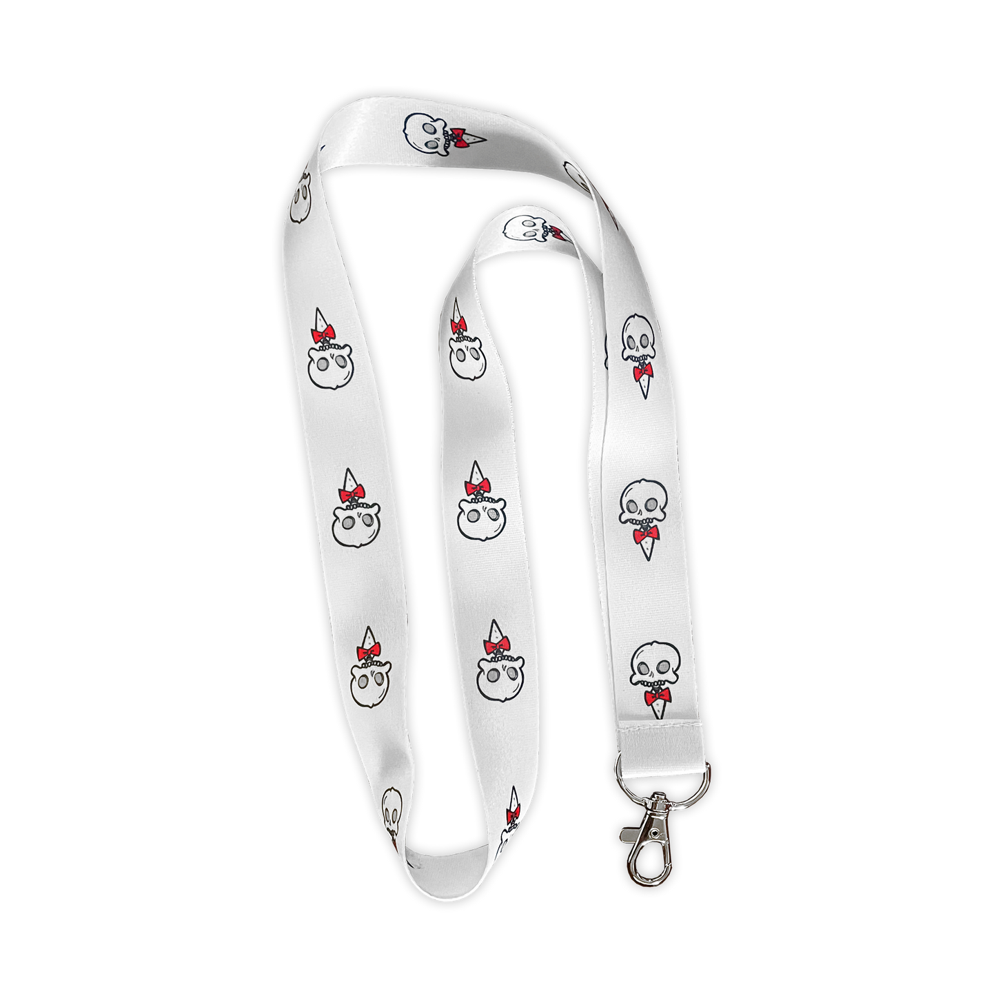 Chaotic Draw Along Wally lanyard featuring repeating skull characters with red bow ties and clip attachment.