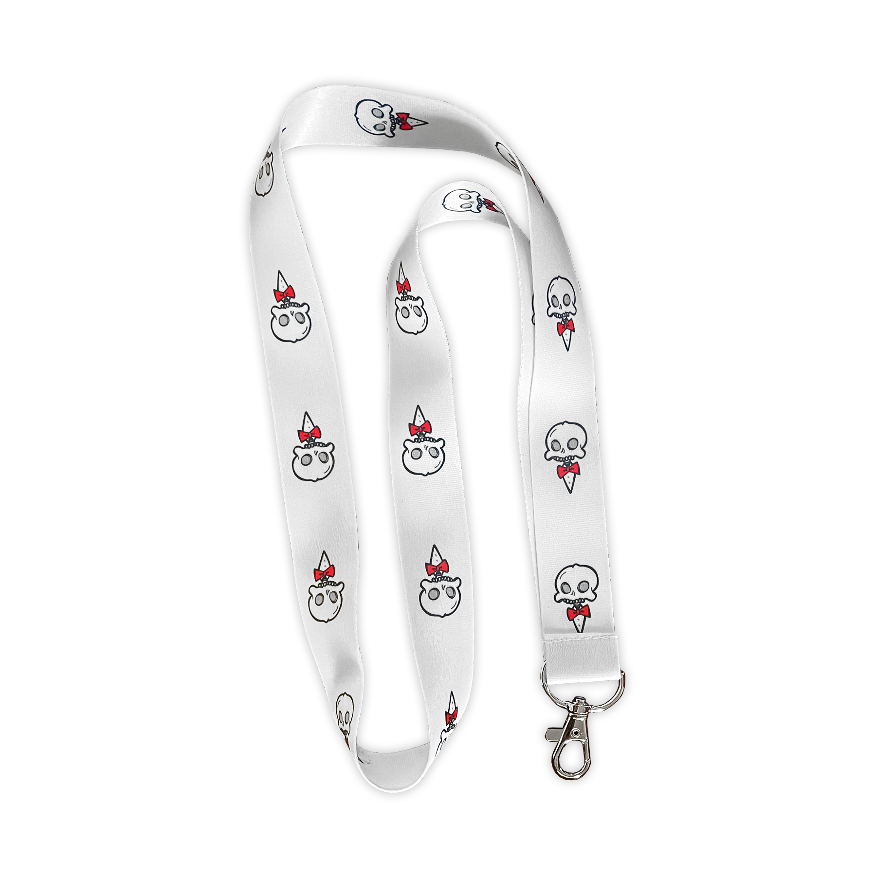 Chaotic Draw Along Wally lanyard featuring repeating skull characters with red bow ties and clip attachment.