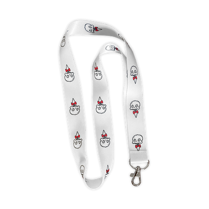 Chaotic Draw Along Wally lanyard featuring repeating skull characters with red bow ties and clip attachment.