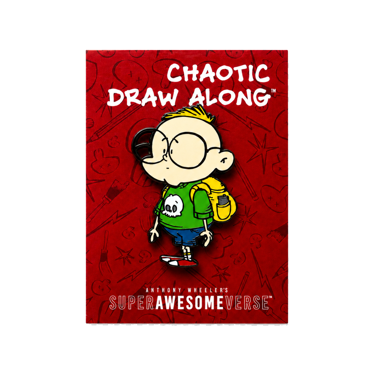 Front view of the Chaotic Draw Along enamel pin displayed on a red backing card with SuperAwesomeVerse branding.