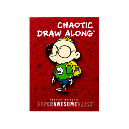 Front view of the Chaotic Draw Along enamel pin displayed on a red backing card with SuperAwesomeVerse branding.
