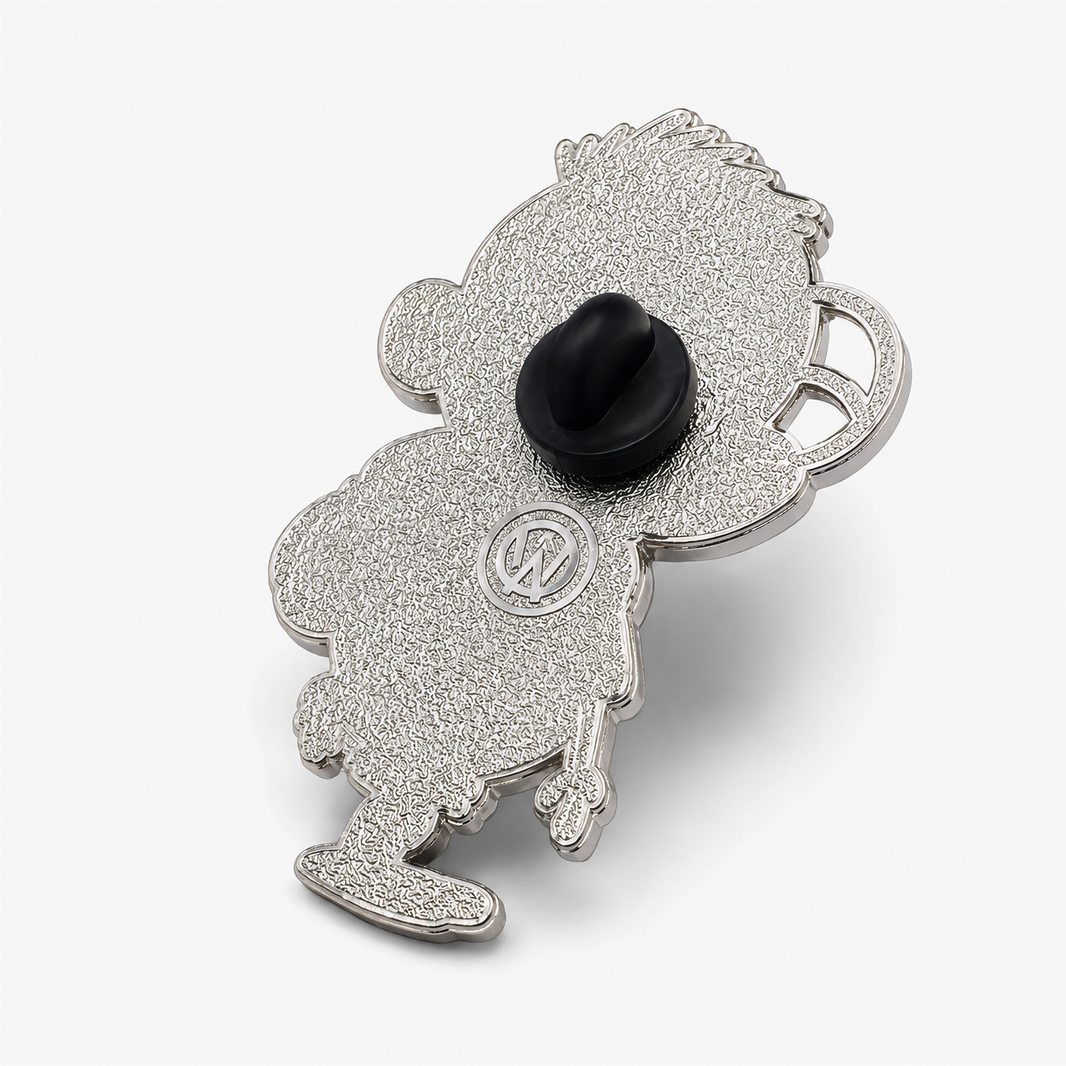 Back side of the Gil enamel pin with textured silver metal finish and black rubber clasp backing.