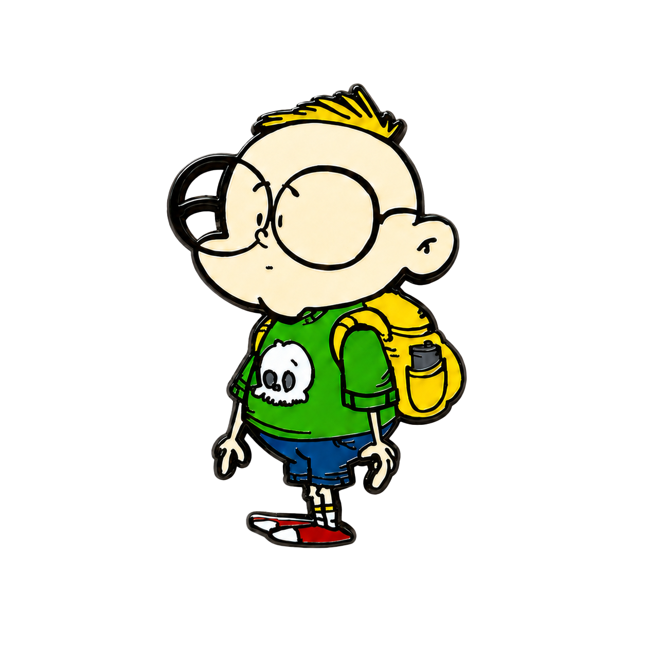 Gil hard enamel pin featuring a cartoon character with oversized glasses, green skull shirt, blue shorts, red shoes, and yellow backpack.