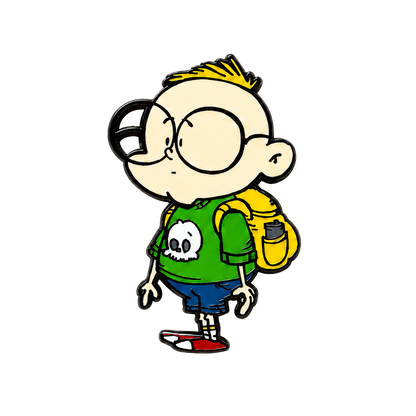 Gil hard enamel pin featuring a cartoon character with oversized glasses, green skull shirt, blue shorts, red shoes, and yellow backpack.