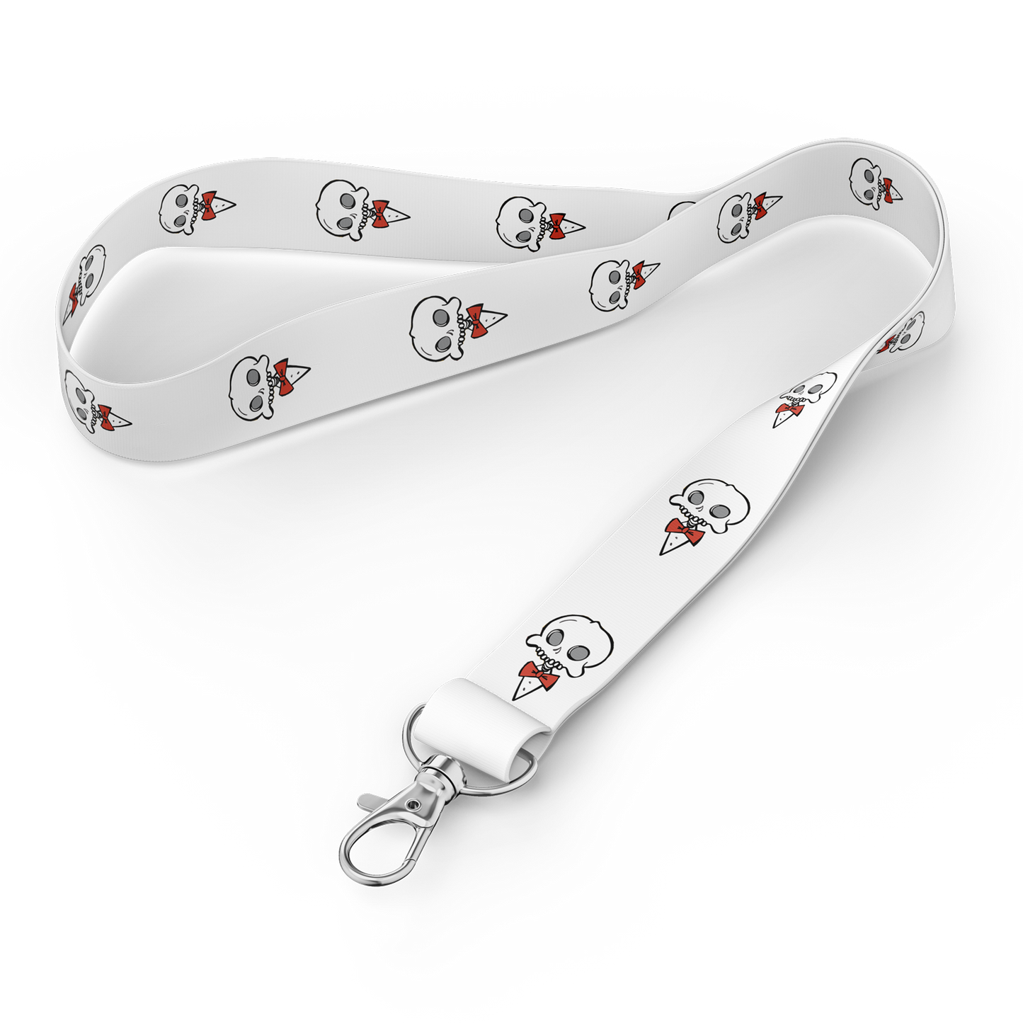 Full view of the Chaotic Draw Along white skull lanyard with repeating character artwork and metal clasp.