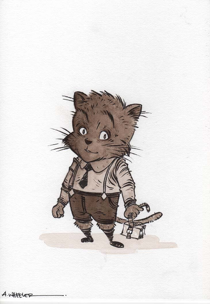 Children’s book illustration “Catboy” by Anthony Wheeler — cheerful cat-character in blue costume crouching ready for action, stylised in bold colours and friendly line-work.