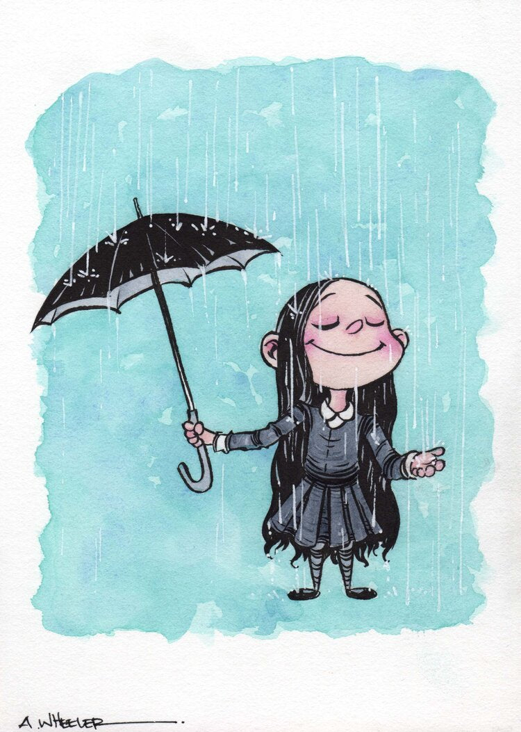 Children’s book illustration “It’s Raining It’s Pouring” by Anthony Wheeler — playful scene of raindrops, umbrellas and children splashing in puddles under a cloudy sky.