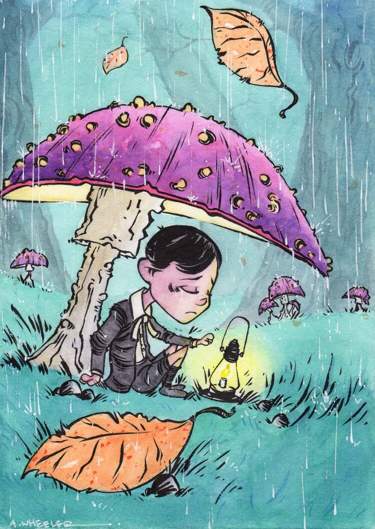 Illustration of a “Mushroom Boy” character with a large mushroom cap hat, standing in a forest clearing surrounded by friendly insects and soft light.