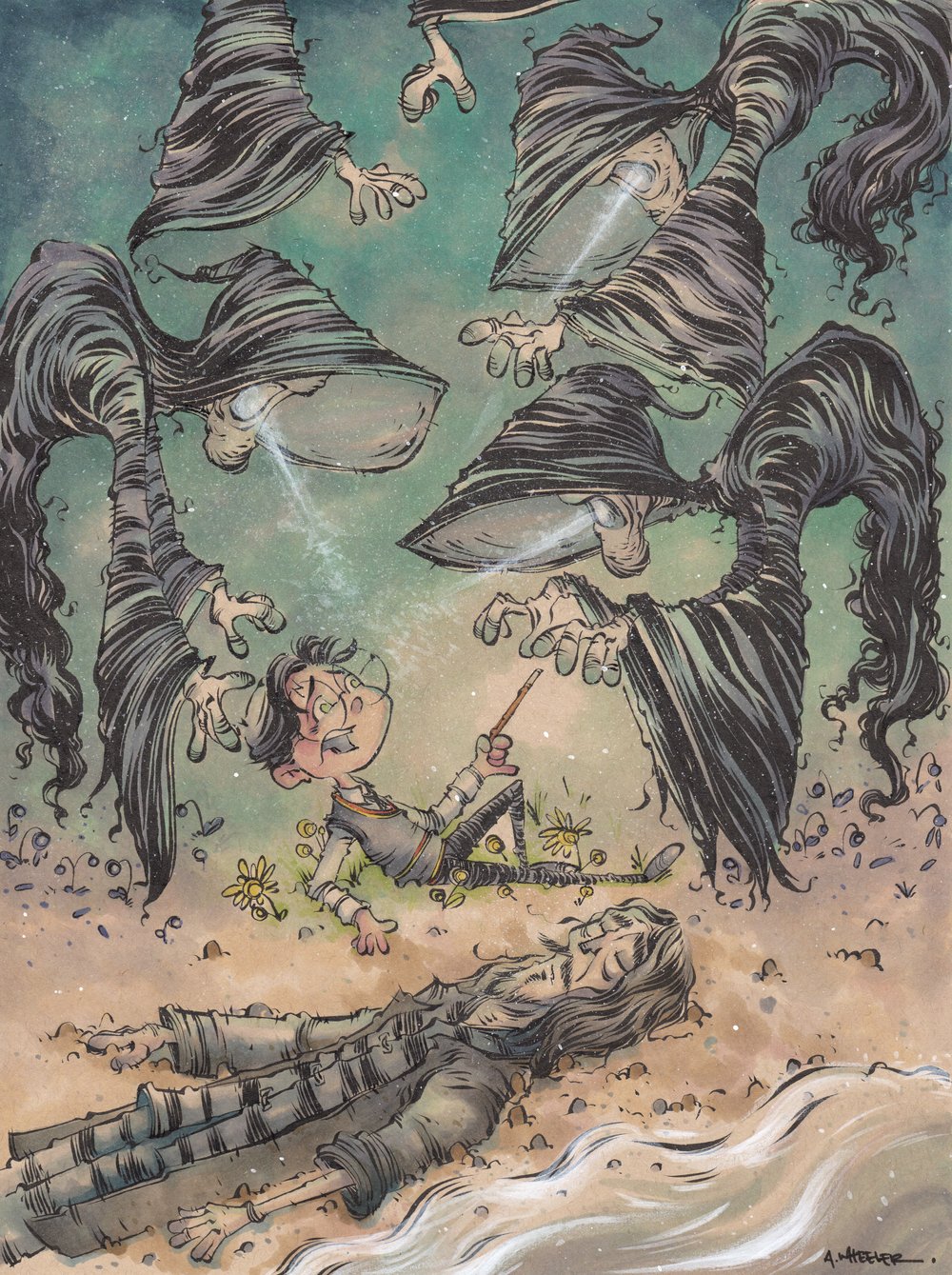 Children’s book style illustration titled “Prisoner of Azkaban” showing magical scene of a character escaping in flight above dark castle towers.