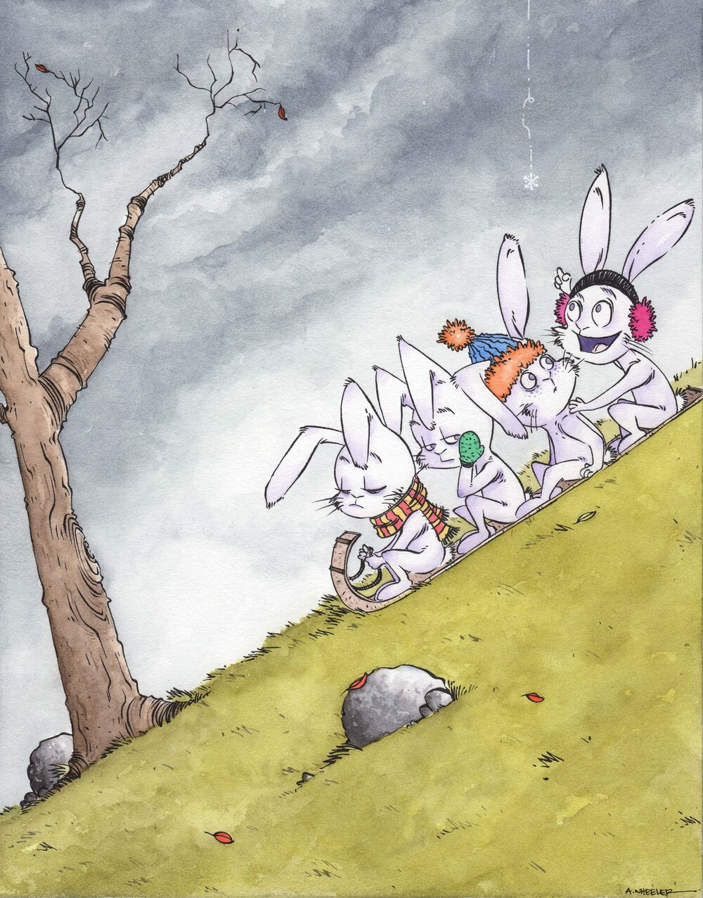 Charming illustration of two bunnies sledding down a snowy hill under a pastel sky in a children’s book style.