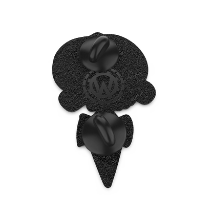 Back view of a hard enamel pin showing a dark coating with dual butterfly clutch fasteners and subtle color accents around the edge.