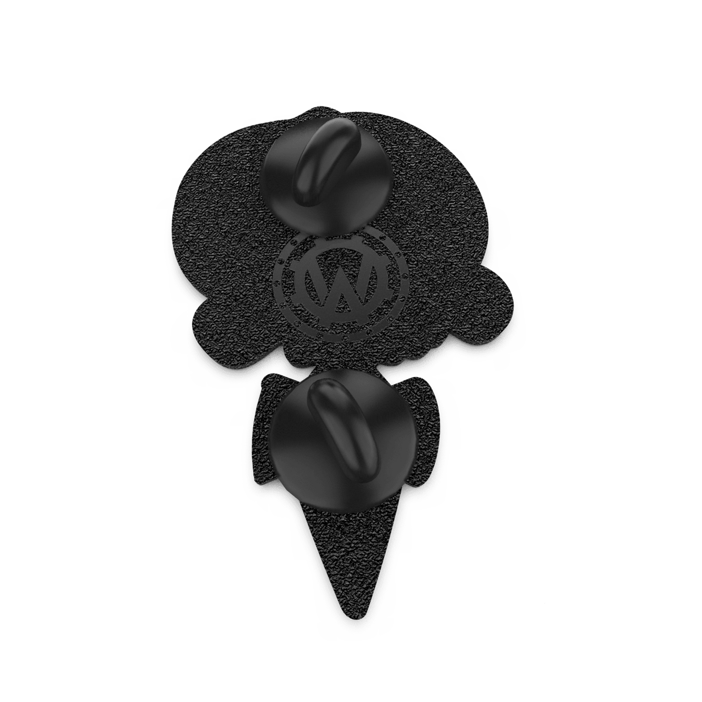 Back view of a hard enamel pin showing a dark coating with dual butterfly clutch fasteners and subtle color accents around the edge.