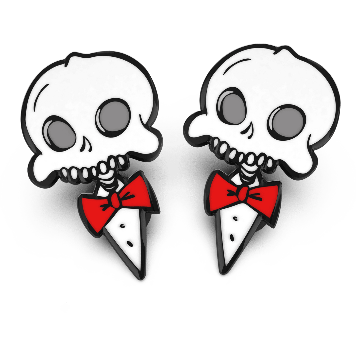 A pair of enamel pins featuring a stylized skull wearing a red bow tie and a black coat with a white collar.