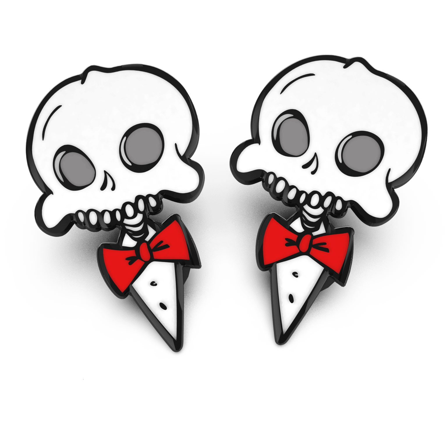 A pair of enamel pins featuring a stylized skull wearing a red bow tie and a black coat with a white collar.