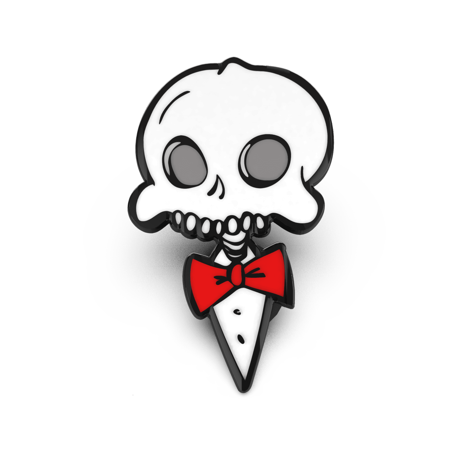 Enamel pin of a stylized skull wearing a red bow tie, designed in a cartoon style with bold black outlines.