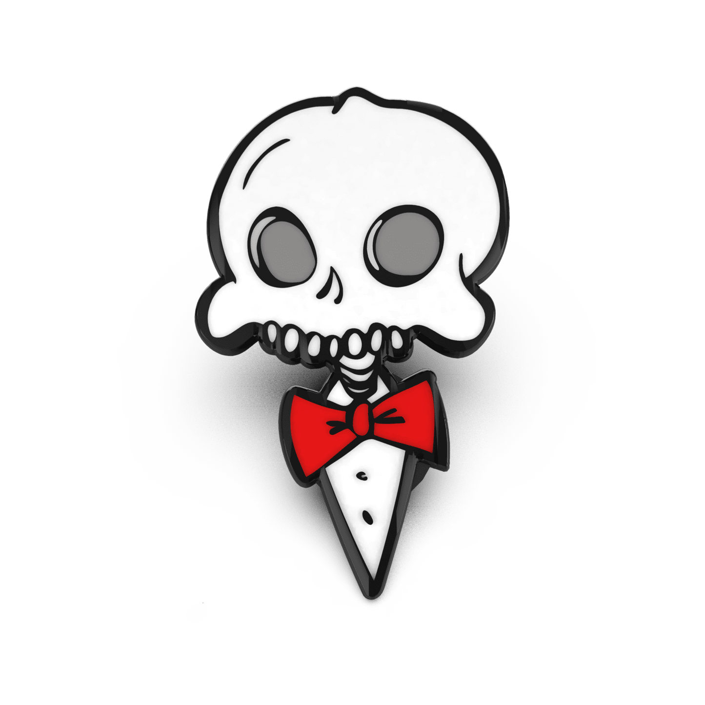 Enamel pin of a stylized skull wearing a red bow tie, designed in a cartoon style with bold black outlines.